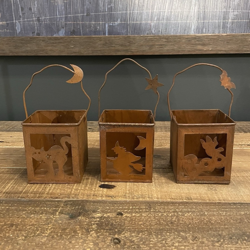 Set of 3 Halloween Metal Box Candle Tealight Holder Rustic Bronze Farmhouse